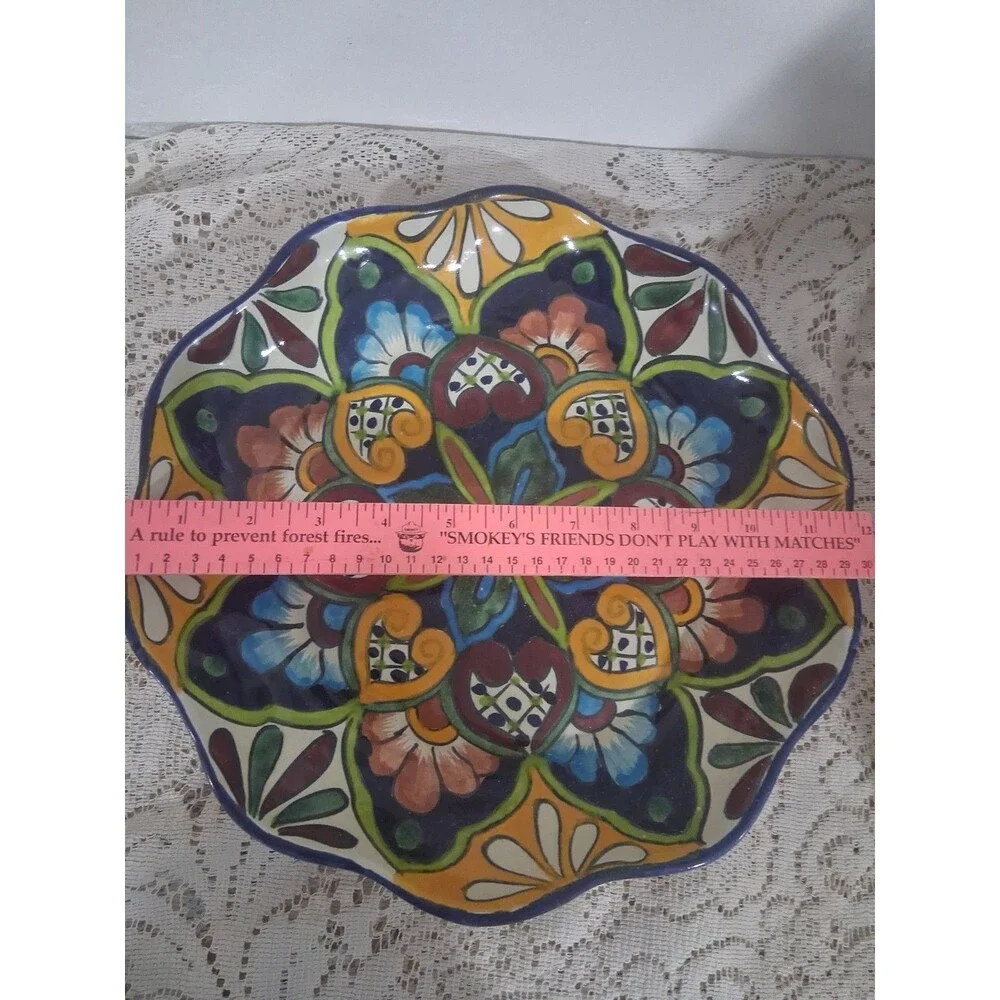 Vtg Talavera Venegas Floral Hanging Platter Serving Bowl Signed 12” Folk Art